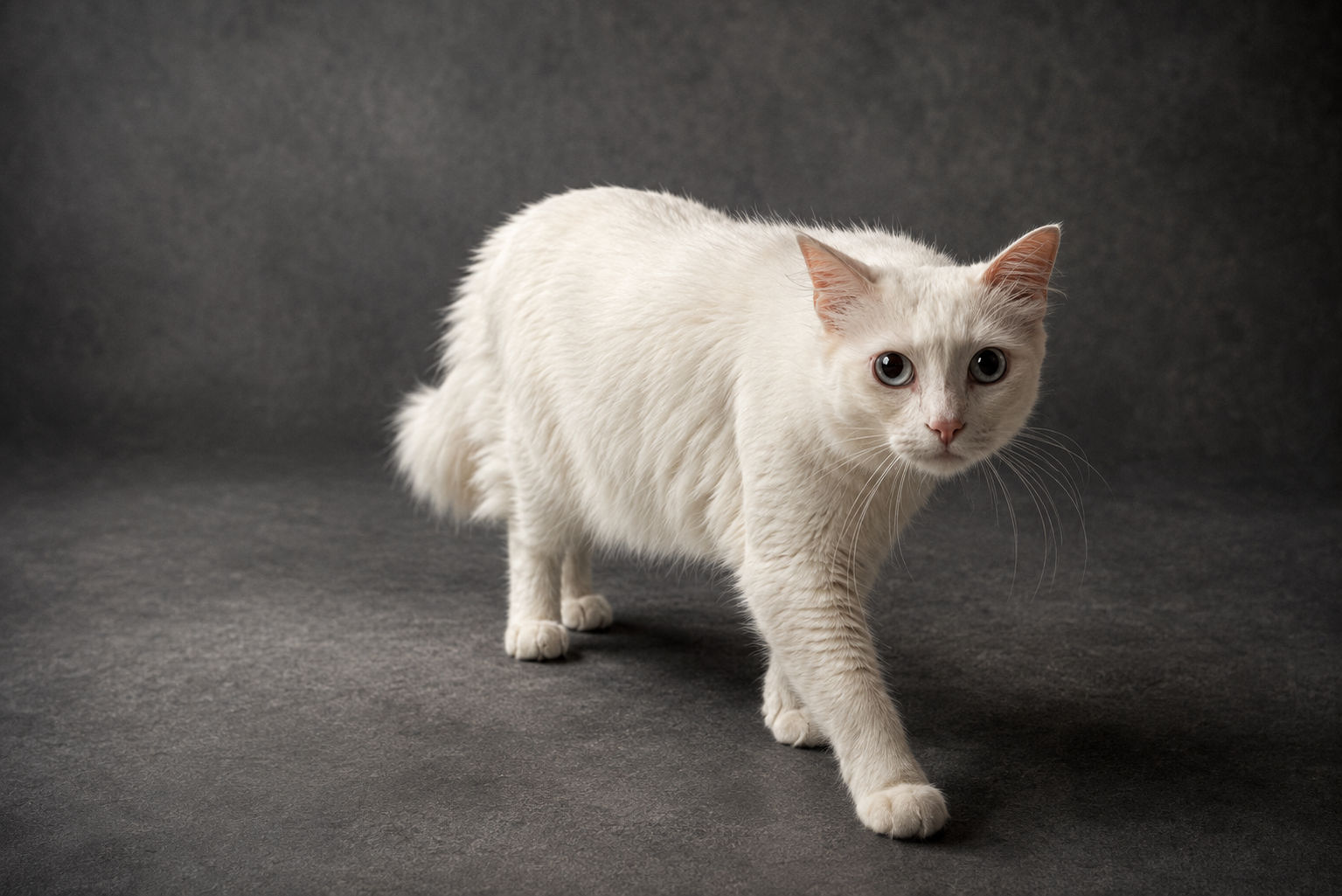 A white cat photographed in a studio-style at-home session